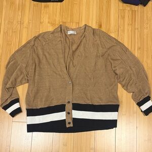 Brunello Cucinelli very lightweight slinky brown cardigan with contrast stripe